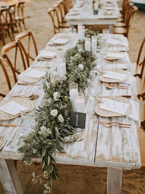 Eucalyptus Arch Decor, Neutral Greenery Wedding Table Settings, White Beach Wedding Decor, Dinner Reception, Green Wedding Inspiration, Beach Dinner, Casual Decor, Outdoor Dinner, Sage Green Wedding