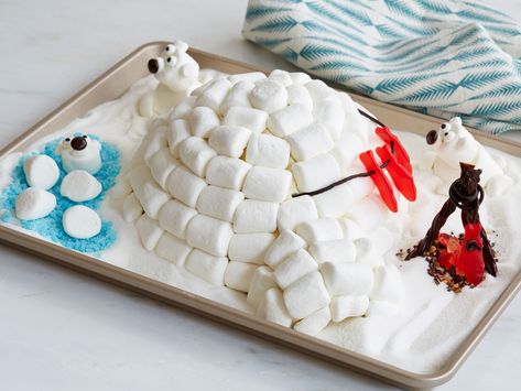 Marshmallow Igloo Cake with Polar Friends Marshmallow Igloo, Igloo Cake, Gummy Fish, Licorice Candy, Cake Dome, Doughnut Cake, Marshmallow Creme, White Cake Mixes, Vanilla Frosting