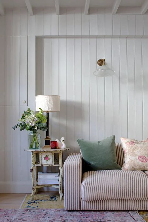 Windowless Kitchen, Cozy London, Cabin Garage, Tongue And Groove Walls, Rustic Wall Lighting, Tongue And Groove Panelling, Shade Wall, Mews House, Built In Cabinet