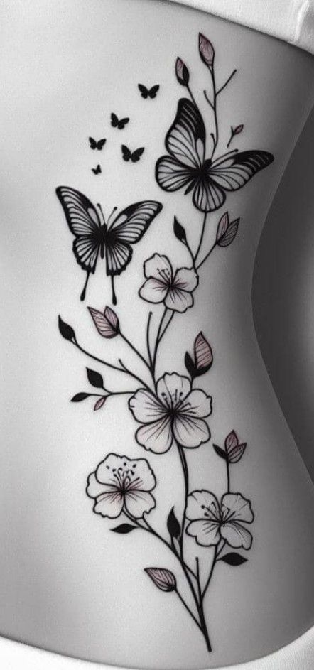 Side Tattoos Women Ribs Unique, Roses And Butterfly Tattoo, Lower Stomach Tattoos For Women, Tatoo Rose, Butterfly Ankle Tattoos, Rose And Butterfly Tattoo, Earthy Tattoos, Flower Wrist Tattoos, Henna Tattoo Hand