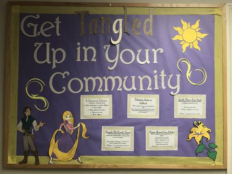 Tangled bulletin board about the importance of volunteering. I included some local volunteering opportunities. Rapunzel Bulletin Board Ideas, Tangled Door Decs, Tangled Bulletin Board, Volunteer Bulletin Board, Movie Bulletin Boards, Ra Activities, Dorm Bulletin Boards, Rapunzel Theme, Res Life Bulletin Boards