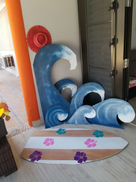 Beach Party photo booth. Surfboard and waves Surf Decorations Party, Diy Surf Board Prop, Beach Photo Booth Ideas, Diy Surfboard Decor Party, Surfboard Diy Decor, Beach Party Photo Booth, Diy Surfboard Decor, Beach Photo Booth, Surfboard Craft