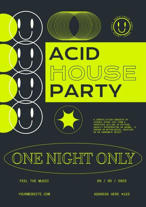 Cool Neon Acid House Party Invitation Party Invitation Graphic Design, Euphoria Party Invitation, House Party Poster, House Party Flyer, Phd Party, Neon Party Invitations, Instagram Invitation, Acid House Rave, House Party Invitation