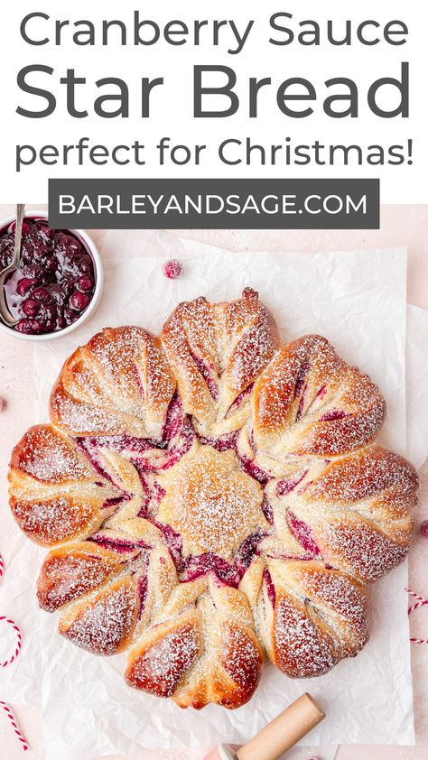 This cranberry star bread is a twisted pull-apart bread filled with homemade cranberry sauce! It's a fun, show stopping dessert for the winter holidays! I love to make this star bread with my leftover cranberry sauce from Thanksgiving or Christmas. Cranberry Bundt Cake, Festive Christmas Cookies, Star Bread, Homemade Cranberry Sauce, Leftover Cranberry Sauce, Fall Salad, Christmas Bread, Fun Dessert, Sugared Cranberries