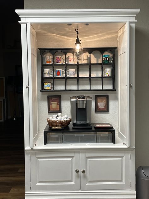 Coffee Bar From Tv Cabinet, Repurposed China Cabinet Coffee Stations, Curio Cabinet Coffee Bar, Coffee Bar Made From Tv Cabinet, Tv Armoire Coffee Bar, Wardrobe Coffee Station, Tv Cabinet Coffee Bar, Kitchen Coffee Bar Cabinet, Coffee Cup Shelves