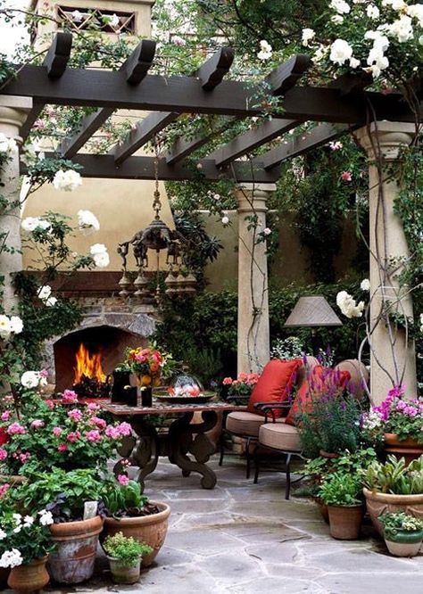 Beautiful Pergola and Outdoor Sitting Area Pergola Design, Beautiful Patios, Outside Living, Plants And Flowers, Dream Backyard, Outdoor Fireplace, Outdoor Oasis, Backyard Oasis, Outdoor Rooms