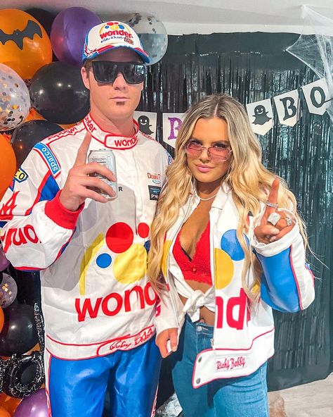 Hollween Costumes Funny, Couples Halloween Costume Talladega Nights, Talladega Nights Family Costume, Halloween Costumes Talladega Nights, Talidaga Nights Halloween Costume, 90s Theme Couples Costume, Taladega Nights Wife Costume, Easy Costume For Blondes, Tallegeda Nights Costume