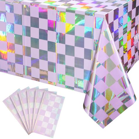 PRICES MAY VARY. Package Includes: You will receive 6 iridescent checker plastic tablecloths. Each iridescent table cover measures approx 54 x 108 inches, fits any rectangular table up to 8 feet in length, suitable for party decoration. Shimmery Laser Checker Tablecloth: The light purple table cloths for parties feature a shiny holographic design, and it shows different color effects under different light, all very beautiful and shiny, which will be a highlight of your party and make the party a Iridescent Party Decorations, Carnival Day, Purple Tablecloth, Purple Party Decorations, Iridescent Party, Table Cloth Decorations, Checkered Tablecloth, Purple Party, Party Table Cloth