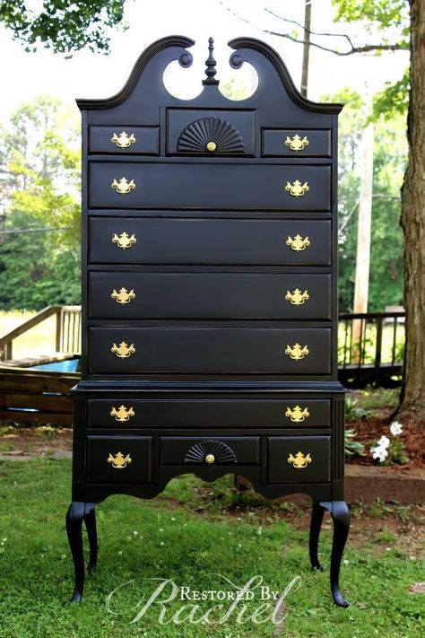 As Rachel of Restored By Rachel said when she shared this piece with us, this is one to swoon over. This gorgeous highboy chest was restyled by Rachel using General Finishes Lamp Black Milk Paint. High Boy Dresser, Cherry Bedroom Furniture, Dresser Makeovers, Furniture Dresser, Highboy Dresser, Revamp Furniture, Bedroom Furniture Makeover, Black Bedroom Furniture, Furniture Fix