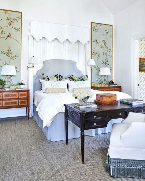 2020 Showcase House Master Bedroom Chinoiserie Wallpaper Panels, Traditional Bedroom Design, Tan Sofa, Gorgeous Bedrooms, Chinoiserie Wallpaper, Up House, Traditional Bedroom, Apartment Inspiration, Historic Home