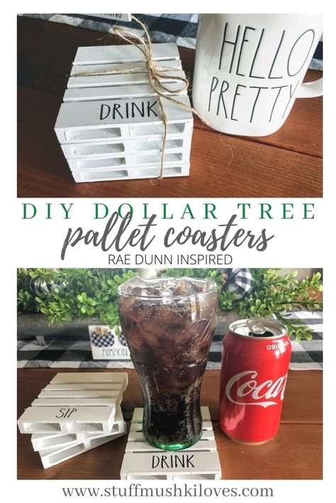 #rustichomedecor #farmhouse #modernfarmhouse Mini Pallet Coasters Diy, Mini Wooden Pallet Crafts, Dollar Tree House Warming Gift, Dollar Tree Pallet Coasters, Dollar Tree Coasters Diy, Pallet Coasters Diy, Dollar Tree Vinyl Projects, Mini Pallet Crafts, Dollar Tree Pallet Crafts