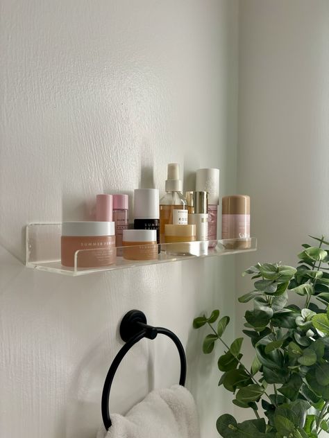 Clear Acrylic Shelves Bathroom, Acrylic Floating Shelves Bathroom, Beauty Shelf Display, Small Floating Shelves Bathroom, Floating Makeup Shelf, Acrylic Shelf Bathroom, Acrylic Wall Shelves, Clear Bathroom Shelves, Bathroom Acrylic Shelves