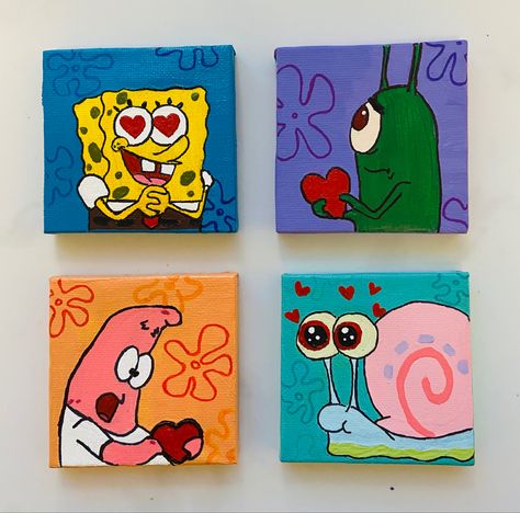 King Boo Painting, Spongebob Love Painting, Painting Ideas For Ur Bf, Shared Painting Ideas, Spongebob Canvas, Matching Paintings For Best Friends, Spongebob Art Painting, Duo Paintings, Big Canvas Ideas