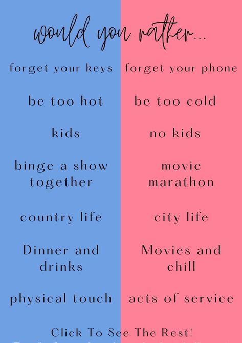 Play a fun and flirty game of would you rather with your partner. These would you rather questions for couples are great to ask your boyfriend, girlfriend, husband or wife. Ask each other these funny and hilarious questions...these deep and personal questions...and some flirty would you rather questions.💕#LoveStory #RomanticEncounters #HeartfeltConnections #DateNightIdeas #SoulmateSearch #FlirtyFridays #CandlelitDinners #StarryEyedMoments #LoveQuotes #DreamyDates #WhisperedPromises #AmourAdventures Couples Question Game, Fun Couple Questions, Hilarious Questions, Question Games For Couples, More Love Letters, 30 Day Writing Challenge, Fun Sleepover Games, Questions For Couples, Flirty Questions