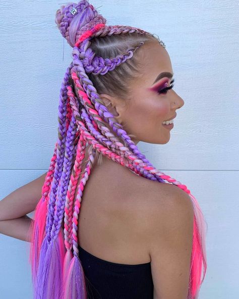 Pink And Purple Braids, Cochella Hair, Festival Hair Extensions, Festival Hair Braids, Rave Braids, Coachella Hair, Festival Braids, Braids With Shaved Sides, Blonde Dreads