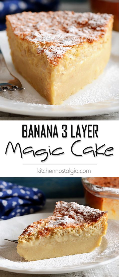 3 Layer Magic Cake Recipe, Banana Recipes Dessert, Banana Magic Cake, Custard Cakes, Magic Cakes, Banana Custard, Magic Custard Cake, Recetas Salvadorenas, Custard Cake