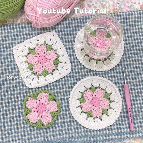 Cherry Blossom Coasters/Granny Square 🌸 I made some lovely coasters for this week’s video (๑･̑◡･̑๑) hope you enjoy it!! Tutorial is… | Instagram Flower Squares Crochet, Sakura Coaster Crochet, Granny Square Crochet Coaster, Crochet Cherry Blossom Granny Square, Sakura Crochet Pattern Free, Cherry Blossom Granny Square, Cherry Granny Square Pattern, Sakura Granny Square, Flower Coaster Crochet Pattern Free