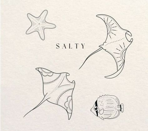 Beach Hip Tattoo, Ocean Vibe Tattoos, Ocean Hip Tattoo, She’ll Tattoo, Manta Ray Tattoo Design, Tattoo Mar Ocean, Minimalist Ocean Tattoo, Cute Sea Animals Drawing, Aquarium Tattoo