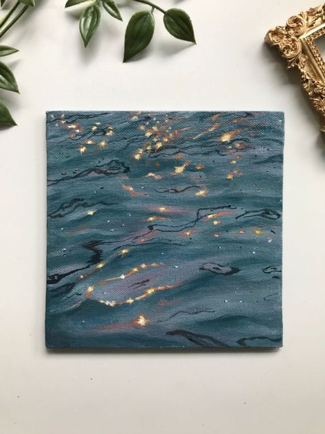 Snowy Sky Painting, Paintings For Your Room, Guache Painting Ideas, Aesthetic Gouache Art, Small Painting Ideas Mini Canvas, Match Painting, Acrylic Painting Water, Square Canvas Painting, Tiny Canvas Painting