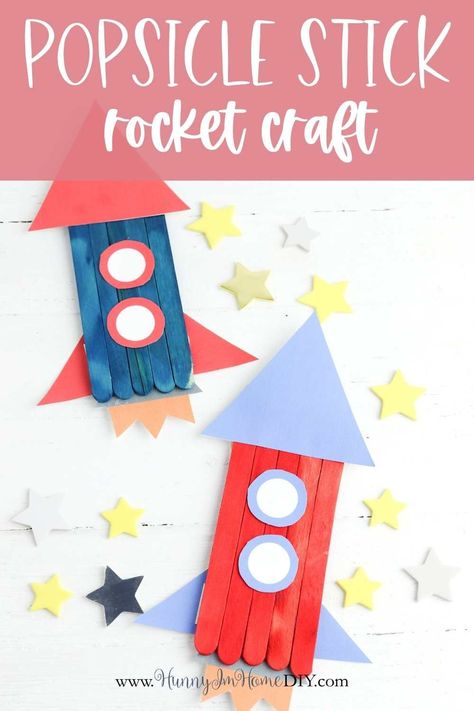 This cute rocket craft for kids is the perfect summer activity for kids in preschool or kindergarten. It's an easy popsicle stick craft that your kids can make in the classroom, at home, or at summer camp! Learn how to make your own space ship using craft sticks and a printable template. Your kids will have a blast playing with this fun DIY project as they learn about space and rockets. Easy Space Themed Crafts, Rocket Preschool, Rocket Ship Craft, Craft Stick Projects, Cute Popsicle, Sticks Crafts, Popsicle Stick Ornaments, Rocket Craft, Popsicle Stick Crafts For Kids