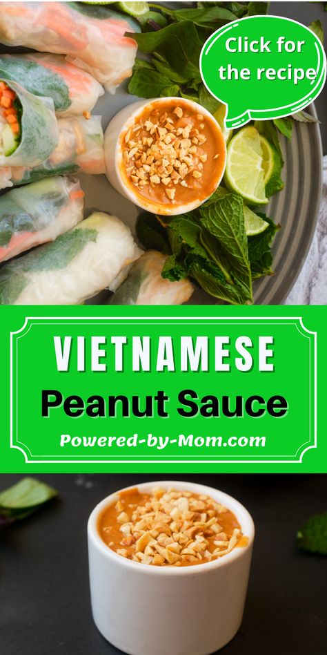 This authentic Vietnamese peanut sauce recipe is very easy to make and only needs a handful of ingredients. It’s delicious when it’s paired with Vietnamese Summer Rolls or as we always called them growing up Salad Rolls. Get this easy recipe now. Vietnamese Rolls Sauce, Vietnamese Peanut Sauce, Vietnamese Salad Rolls, Sauce For Spring Rolls, Vietnamese Sauce, Vietnamese Summer Rolls, Spring Roll Sauce, Peanut Dipping Sauce, Thai Peanut Chicken