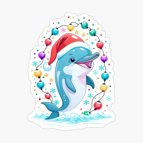 Get my art printed on awesome products. Support me at Redbubble #RBandME: https://www.redbubble.com/i/sticker/Cute-Dolphin-Santa-With-Christmas-Lights-by-Itsheartshop/155370000.EJUG5?asc=u Dolphin Christmas, Dolphin Drawing, Cute Dolphin, Wood Slice Crafts, Christmas Drawing, Christmas Reindeer, Dolphins, Christmas Lights, Christmas Card