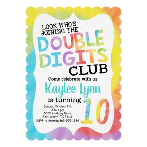 Tie Dye Double Digits 10th Birthday Invitation #girls #tie #dye #10th #double Double Digit Birthday Ideas, Girls Birthday Invitations, 10th Birthday Invitation, Dj Flyer, Girls Birthday Party Themes, Tenth Birthday, Happy 10th Birthday, 10th Birthday Parties, Girls Tie