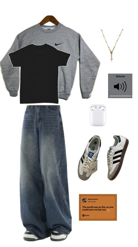 sweater, t shirt, masculine, masc outfit inspo, baggy jeans style, sambas Street Style Outfits Casual, Street Fashion Men Streetwear, Guys Clothing Styles, Nike Sweatshirt, Outfit Inspo Casual, Estilo Punk, Cool Outfits For Men, Sweatshirt Outfit, Streetwear Men