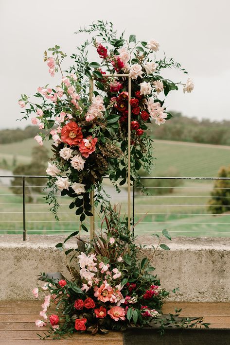 Wedding Standing Flower, Gold Stands With Flowers Wedding, Wedding Flowers At Alter, Flower Arrangements On Stands, Ceremony Florals On Stands, Floral Stands Wedding, Flower Tower Wedding, Floral Plinths, Floor Flower Arrangements