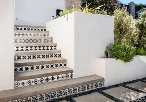 Add Elegance to Your Patio with Black and White Cement Tiles - Granada Tile Cement Tile Blog | Tile Ideas, Tips and More Cement Outdoor, Tile Steps, Tiles Designs, Porch Tile, Exterior Wall Tiles, Exterior Tiles, Bar Exterior, Escalier Design, Garden Tiles