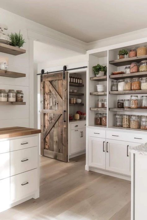 Kitchen Cabinets Country Farmhouse, Dream Kitchen Country, Farmhouse Kitchen With Pantry, Farmhouse Kitchen Pantry Ideas, Butters Pantry, Modern Farmhouse Pantry Door, Farmhouse Aesthetic Interior, Barn Kitchen Farmhouse Style, Country Kitchen Designs Farmhouse Style