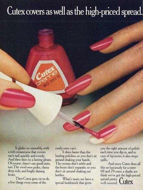 Cutex Nail Polish Ad 1950s Nails, Vintage Nail Polish, 80s Nails, Rose Nail Polish, Vintage Makeup Ads, Popular Nail Colors, Emerald Nails, Vintage Nails, Black And White Vintage