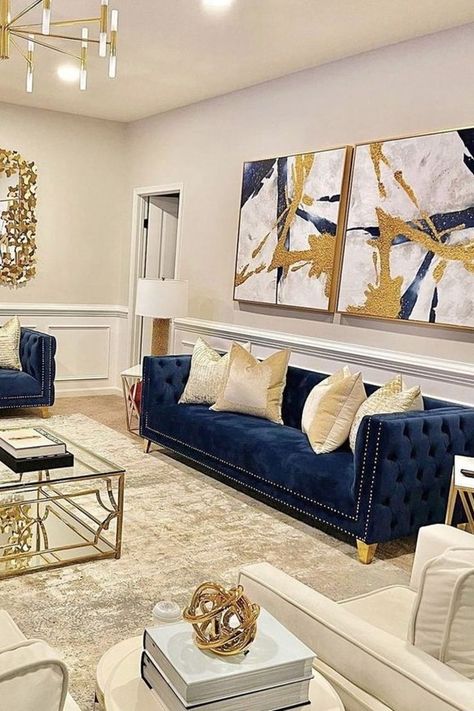 Blue And Gold Living Room, Glam Living Room Decor, Apartment Decorating Living, Classy Living Room, Blue Living Room Decor, Design House Interior, Interior Design House, House Interior Decor Ideas, First Apartment Decorating