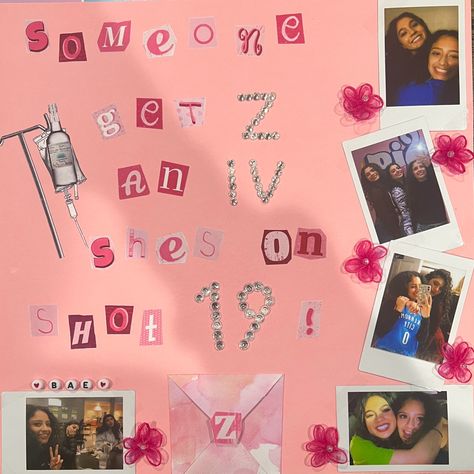 made a shot book page for my friends 21st birthday. it’s a pink 12x12 page with newspaper letters similar to the mean girls burn book cover. the rhyme included is “someone get z an ig she’s on shot 19”. the letter z and number 19 are spelled out in rhinestones. there is a place for a note as well as many polaroids that show our friendship goals. i added friendship bracelet charms for a cute, taylor swift, girly, aesthetic. 21 Shot Book Pages Ideas, 21er Book Pages, Shot Pages 21st Birthday Template, 21st Shot Book Cover, Shot Pages 21st Birthday, Shot Book 21 Birthday Page, 21st Birthday Shot Book Pages Ideas, Shot Book 21 Birthday, Shotbook Page 11