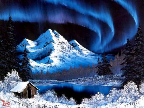 Bob Ross Paintings - Gallery | eBaum's World #OilPaintingWinter Painting Bob Ross, Bob Ross Landscape, Northern Lights Canvas, Bob Ross Art, Northern Lights Art, Lighted Canvas Art, Bob Ross Paintings, The Joy Of Painting, Lighted Canvas