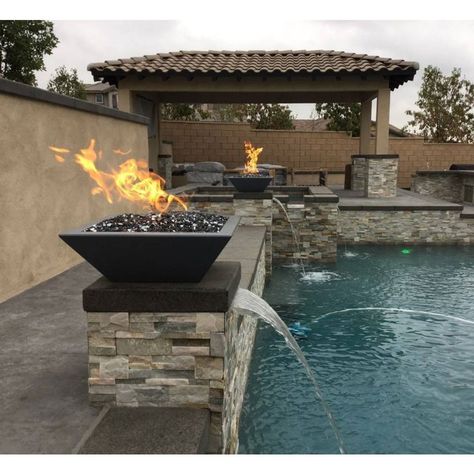 Gas Fire Bowls Pool Waterline, Waterline Tile, Outdoor Wood Burning Fireplace, Modern Flames, Smooth Concrete, Outdoor Gas Fireplace, Fire And Water, Backyard Entertaining, Inspire Me Home Decor