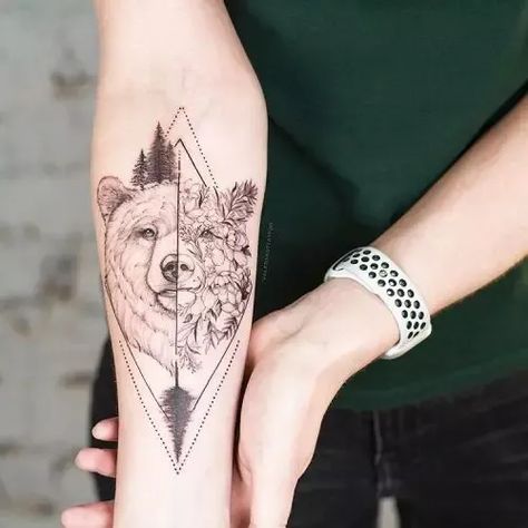 Papa Bear Tattoo, Geometric Bear Tattoo, Baby Tattoo Designs, Bear Tattoo Designs, C Tattoo, Bear Tattoos, Bear Tattoo, Baby Tattoos, Flower Tattoo Designs