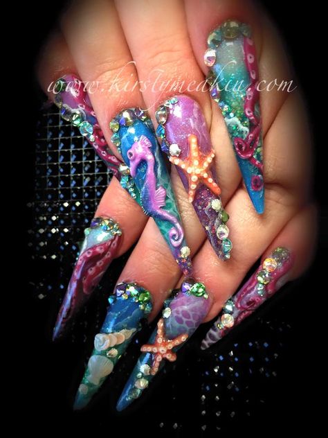 Kirsty Meakin Nail Art | using Naio Nail Products Aquarium Nails, Beach Themed Nails, 3d Acrylic Nails, Nautical Nails, Nails Beach, Sea Nails, Aqua Nails, Long Stiletto, Bright Summer Nails