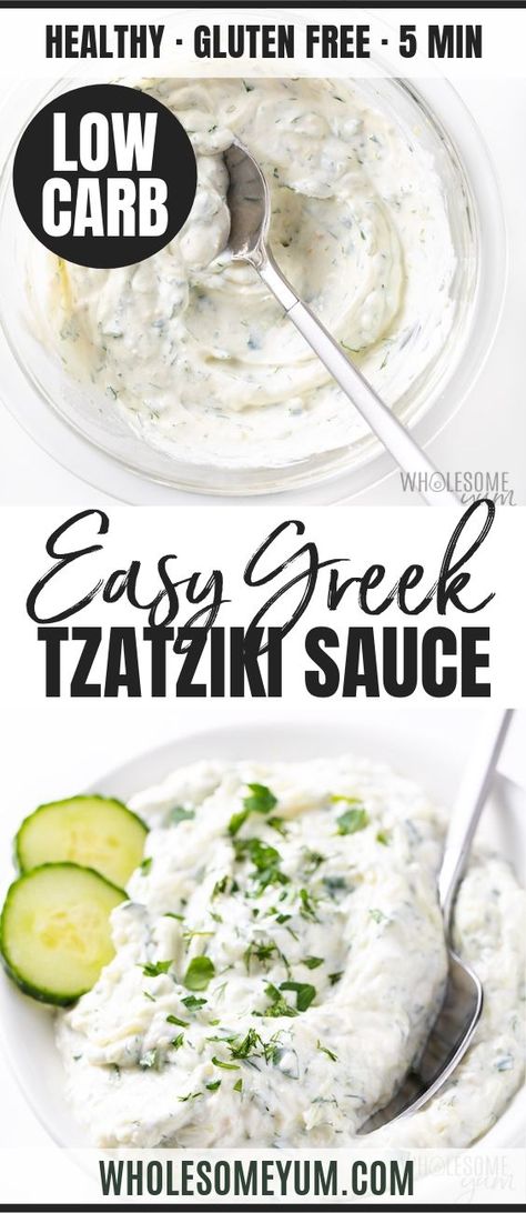 Easy Greek Tzatziki Sauce Recipe | Wholesome Yum Make Tzatziki Sauce, Greek Tzatziki Sauce, Dips Appetizers, Greek Tzatziki, Tzatziki Sauce Recipe, Homemade Tzatziki Sauce, Tzatziki Recipes, Keto Sauces, Keto Lasagna