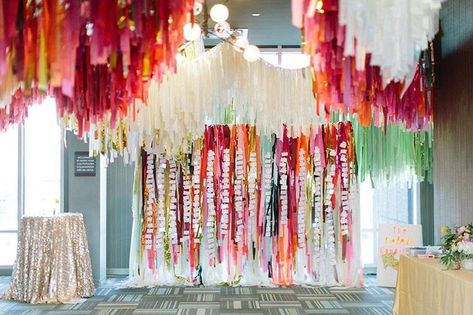 Colorful Hanging Streamers:  Creative Ceiling Installation. The Color Condition BOO 10th Anniversary Bash | Photography: Tyler + Lindsey | #bridesofok #wedding #anniversary Ceiling Fringe, Ceiling Streamers, Photo Moment, Creative Backdrops, Fringe Backdrops, Tassel Decor, Event Backdrop, Wedding Vendor, Ceiling Installation