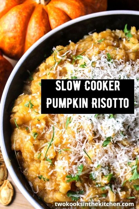 In the spirit of Fall, we're making slow cooker pumpkin risotto recipe. Rich, creamy and dairy free (unless you add Parmesan). And best of all, it's a very easy risotto to make. Autumn Crock Pot Recipes, Crockpot Pumpkin Recipes, Chicken And Pumpkin Risotto, Autumn Dinners, Pumpkin Risotto Recipes, Fall Slow Cooker, Thanksgiving Crockpot Recipes, Fall Slow Cooker Recipes, Fall Crockpot