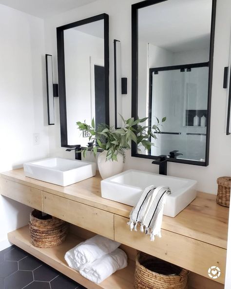 Rusty 7s | Jessica on Instagram: “Haaappy Friday! 🖤 Bathrooms are no joke to photograph. But here's another angle of the vanity. You can probably see the 2 things we have…” Black Herringbone Tile Floor, Black Herringbone Floor, Light Wood Bathroom Vanity, Floating Wood Vanity, Natural Wood Bathroom Vanity, Black Hexagon Tile, Herringbone Tile Floors, Vanity Backsplash, Hexagon Tile Floor