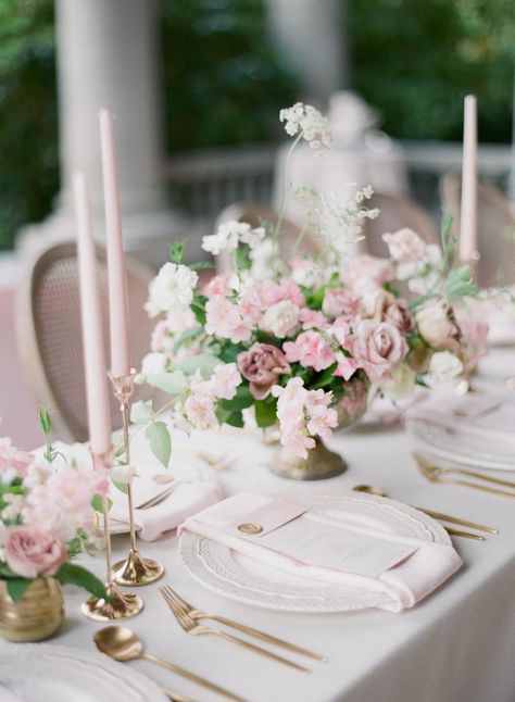 Blush Pink Wedding Cake, Blush Pink Wedding Flowers, Pink Table Settings, Non Floral Centerpieces, Neutral Wedding Inspiration, Pale Pink Weddings, Wedding Centerpiece Ideas, Blush Pink Wedding Dress, Pink And White Weddings