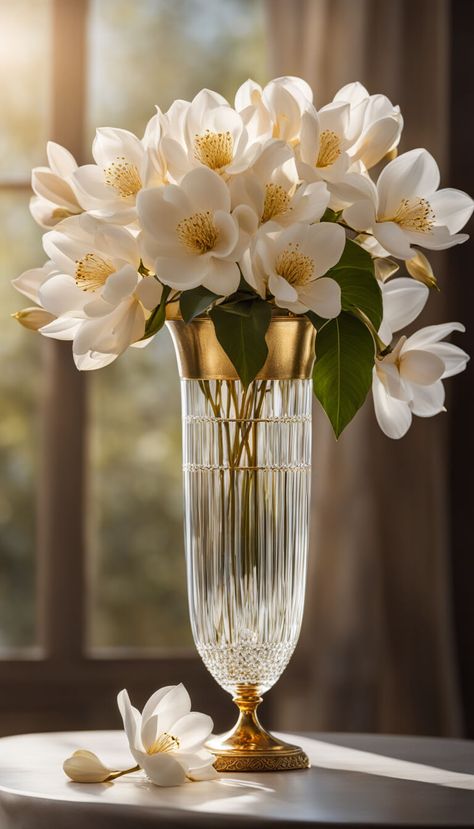 Decoration - elegant crystal vase with gold filigram full of magnolias flowers - AI creation Crystal Vase Decor Ideas, Flower Styling, Tall Floral Arrangements, Retirement Party Gifts, Tall Floor Vases, Plant Pot Design, Pot Designs, Crystal Vase, Magnolia Flower