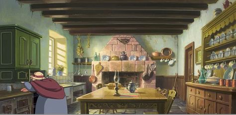 Kitchen from the beginning of Miyazaki's Howl's Moving Castle. Studio Ghibli Kitchen, Ghibli Kitchen, Castle Kitchen, Castle Kitchens, Castle Rooms, 하울의 움직이는 성, Studio Ghibli Background, 동화 삽화, Castles Interior