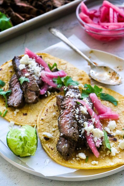 Carne Asada Tacos/Sirloin Steak Tacos – Marisol Cooks Sirloin Steak Tacos, Sirloin Tacos, Spicy Pickled Onions, Chili Lime Salmon, Authentic Tacos, Chorizo Tacos, Cilantro Salsa, Asada Tacos, Carne Asada Tacos