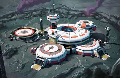 ArtStation - Space base concept, Evgeny Enotov No Man's Sky Base Ideas, Space Colony Concept, Scifi Building, Futuristic Space, Sci Fi Architecture, Space Engineers, Sci Fi Environment, No Man's Sky, Space Projects