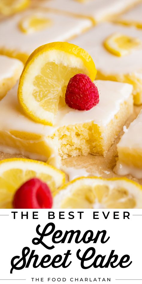 Lemon Sheet Cake Recipe with Glaze from The Food Charlatan. This Lemon Sheet Cake with Lemon Glaze is perfect for lemon lovers! A supremely lemony and MOIST cake, paired with a bright lemon glaze. It is perfect for summertime, or anytime! This recipe feeds a crowd and is super easy to make. If you've ever had a Texas sheet cake, this is the lemon version. It's a citrus lover's dream come true, perfectly tart and sweet. Take this cake to a potluck, a baby shower, or a party--there's plenty! Lemon Sheet Cake Recipe, Lemon Sheet Cake, Lemon Glaze Cake, Peanut Butter Sheet Cake, Sheet Cake Recipe, The Food Charlatan, Lemon Bread, Homemade Dessert, Food Charlatan