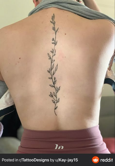 Leaves Spine Tattoos For Women, Willow Branch Spine Tattoo, Spine Tattoos Leaves, Poison Ivy Spine Tattoo, Spine Leaf Tattoo, Ivy Spine Tattoos For Women, Growth Spine Tattoo, Vine Tattoo On Spine, Vine Back Tattoo Women