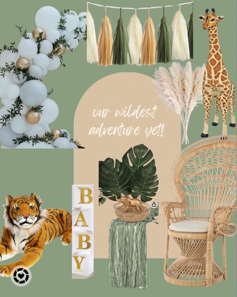 Safari Baby Sprinkle Boy, Boho Jungle Party, Safari Gender Reveal Jungle Theme, Jungle Gender Reveal Ideas, A Wild One Baby Shower Theme, Baby Animal Shower Theme, Safari Baby Shower Gender Neutral, Its About To Get Wild Baby Shower Ideas, Safari Animal Baby Shower Ideas